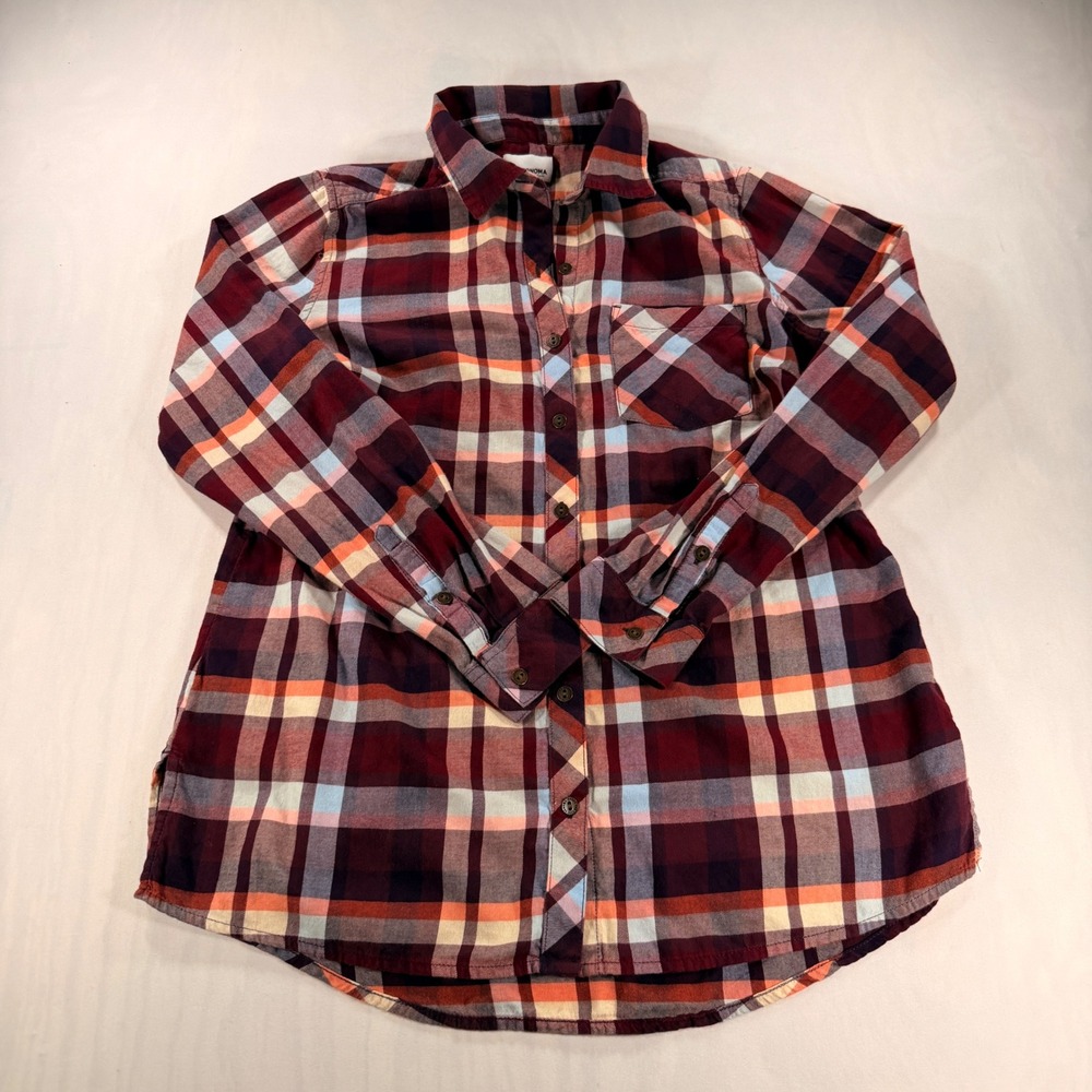 Sonoma Flannel Shirt Womens M Maroon Orange Plaid Cotton Button Down Long Sleeve